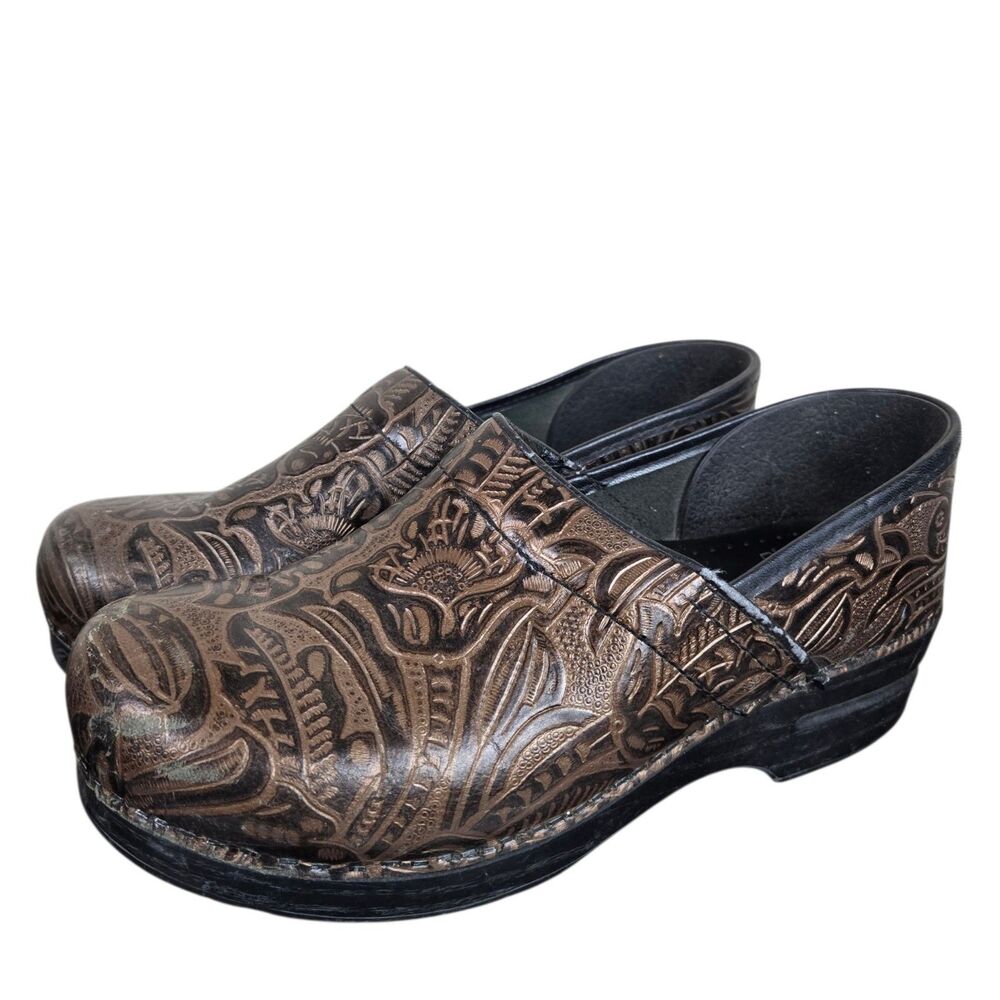 Dansko Floral Tooled Clogs Sz 41 US 10.5 - 11 Brown Leather Comfort